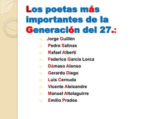 Los poetas más importantes de la Generación del 27.:*Jorge Guillén *Pedro Salinas *Rafael Alberti *Federico García Lorca* Dámaso Alonso *Gerardo Diego *Luis Cernuda *Vicente Aleixandre *Manuel Altolaguirre *Emilio Prados