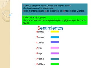 Ydesde el quieto valle, desde el margen del ríoel niño chico no los contempla.Ve la montaña lejana. Los picachos, el cántico de los vientos.Y cierra los ojos, y oyeel enorme resonar de sus propios pasos gigantes por las rocasravías. SentimientosBelleza