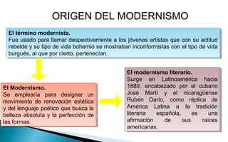ORIGEN DEL MODERNISMO
El término modernista.
Fue usado para llamar despectivamente a los jóvenes artistas que con su actit...