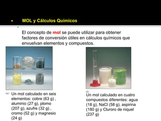  El MOL y Cálculos Químicos

El concepto de mol se puede utilizar para obtener
factores de conversión útiles en cálculos químicos que
envuelvan elementos y compuestos.
Un mol calculado en seis
elementos: cobre (63 g) ,
aluminio (27 g), plomo
(207 g), azufre (32 g) ,
cromo (52 g) y magnesio
(24 g)
Un mol calculado en cuatro
compuestos diferentes: agua
(18 g), NaCl (58 g), aspirina
(180 g) y Cluroro de niquel
(237 g)
 