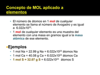 Concepto de MOL aplicado a
elementos
 El número de átomos en 1 mol de cualquier
elemento se llama el número de Avogadro y es igual
a 6.022x1023.
 1 mol de cualquier elemento es una muestra del
elemento con una masa en gramos igual a la masa
atómica de ese elemento.
Ejemplos
 1 mol Na = 22.99 g Na = 6.022x1023 átomos Na
 1 mol Ca = 40.08 g Ca = 6.022x1023 átomos Ca
 1 mol S = 32.07 g S = 6.022x1023 átomos S
 