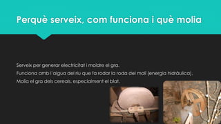 Perquè serveix, com funciona i què molia
Serveix per generar electricitat i moldre el gra.
Funciona amb l’aigua del riu que fa rodar la roda del molí (energia hidràulica).
Molia el gra dels cereals, especialment el blat.
 