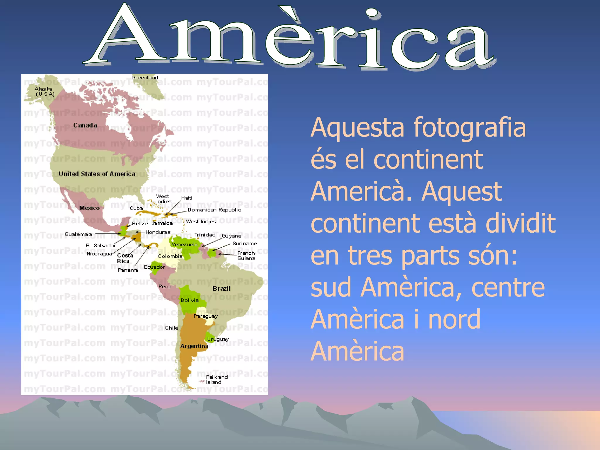 Amèrica Aquesta fotografia és el continent Americà. Aquest continent està dividit en tres parts són: sud Amèrica, centre Amèrica i nord Amèrica  