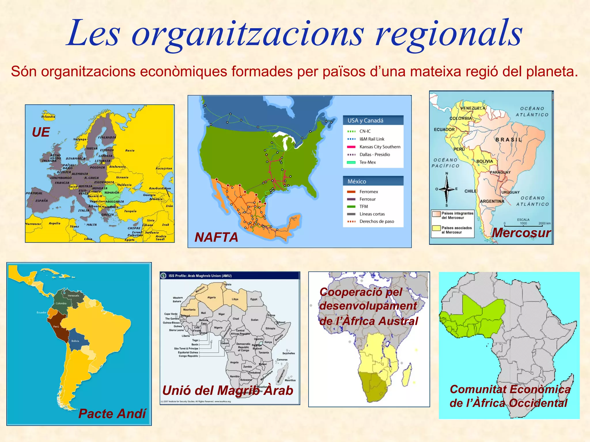 Les organitzacions regionals Són organitzacions econòmiques formades per països d’una mateixa regió del planeta.  UE   NAFTA   Mercosur   Pacte Andí   Unió del Magrib Àrab   Cooperació pel  desenvolupament  de l’Àfrica Austral   Comunitat Econòmica  de l’Àfrica Occidental   