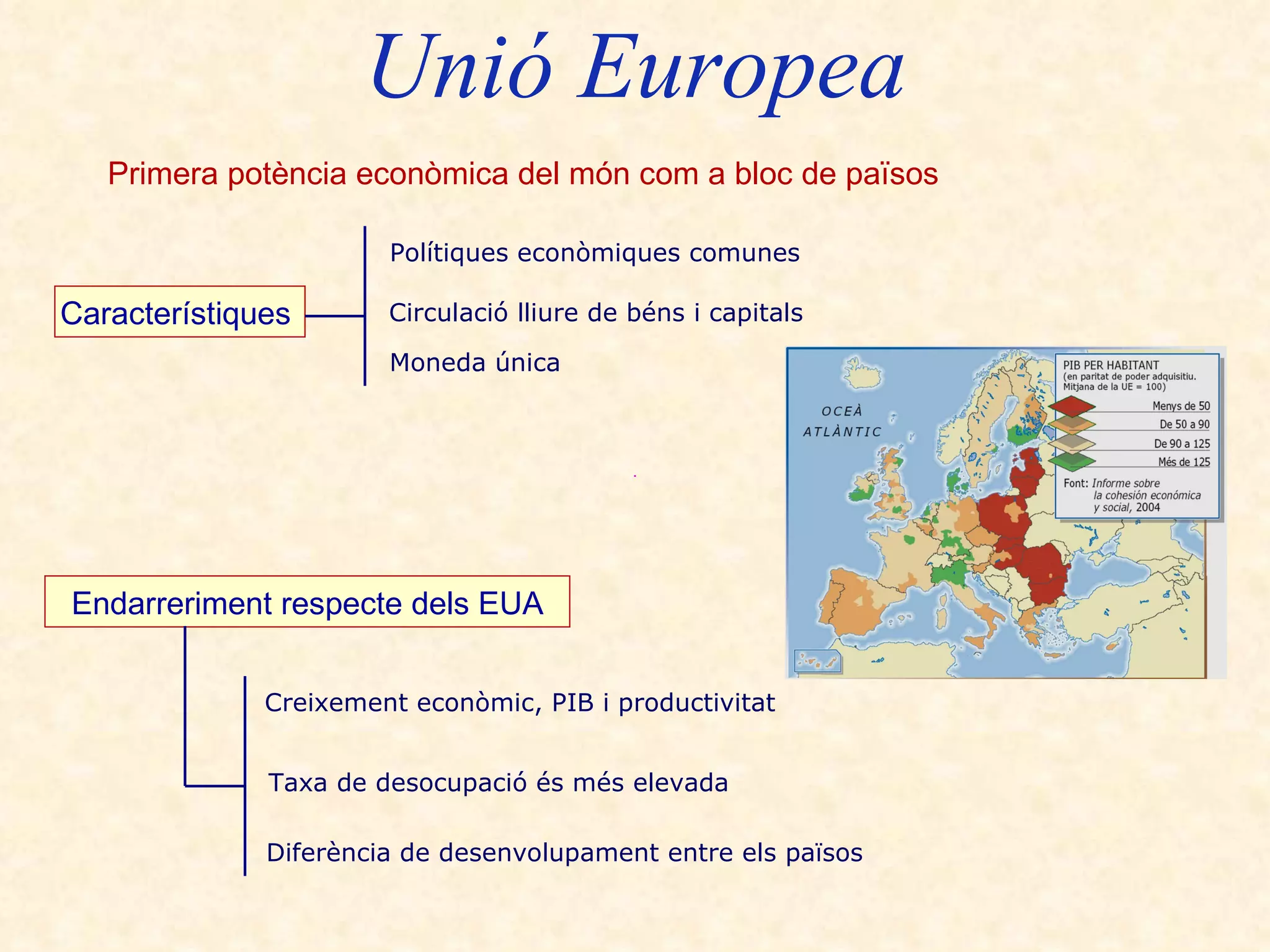 Unió Europea Característiques   Polítiques econòmiques comunes   Circulació lliure de béns i capitals Moneda única   Primera potència econòmica del món com a bloc de països   Endarreriment respecte dels EUA Creixement econòmic, PIB i productivitat  Taxa de desocupació és més elevada   Diferència de desenvolupament entre els països  