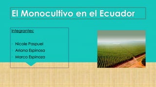 El Monocultivo en el Ecuador
Integrantes:
• Nicole Paspuel
• Ariana Espinosa
• Marco Espinoza
 