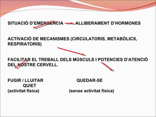 SITUACIÓ D’EMERGÈNCIA  ALLIBERAMENT D’HORMONES ACTIVACIÓ DE MECANISMES (CIRCULATORIS, METABÒLICS, RESPIRATORIS) FACILITAR EL TREBALL DELS MÚSCULS I POTENCIES D’ATENCIÓ DEL NOSTRE CERVELL. FUGIR / LLUITAR QUEDAR-SE  QUIET (activitat física) (sense activitat física) 