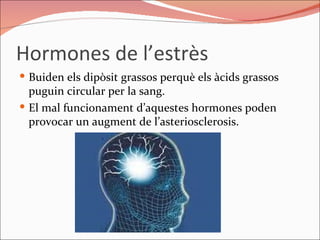 Hormones de l’estrès Buiden els dipòsit grassos perquè els àcids grassos puguin circular per la sang.  El mal funcionament d’aquestes hormones poden provocar un augment de l’asteriosclerosis.  
