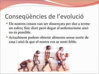 Conseqüències de l’evolució Els nostres cossos van ser dissenyats per dur a terme un esforç físic diari però degut al sedentarisme això no és possible.  Actualment podem obtenir aliments sense sortir de casa i això fa que el nostre cos se senti feble.  