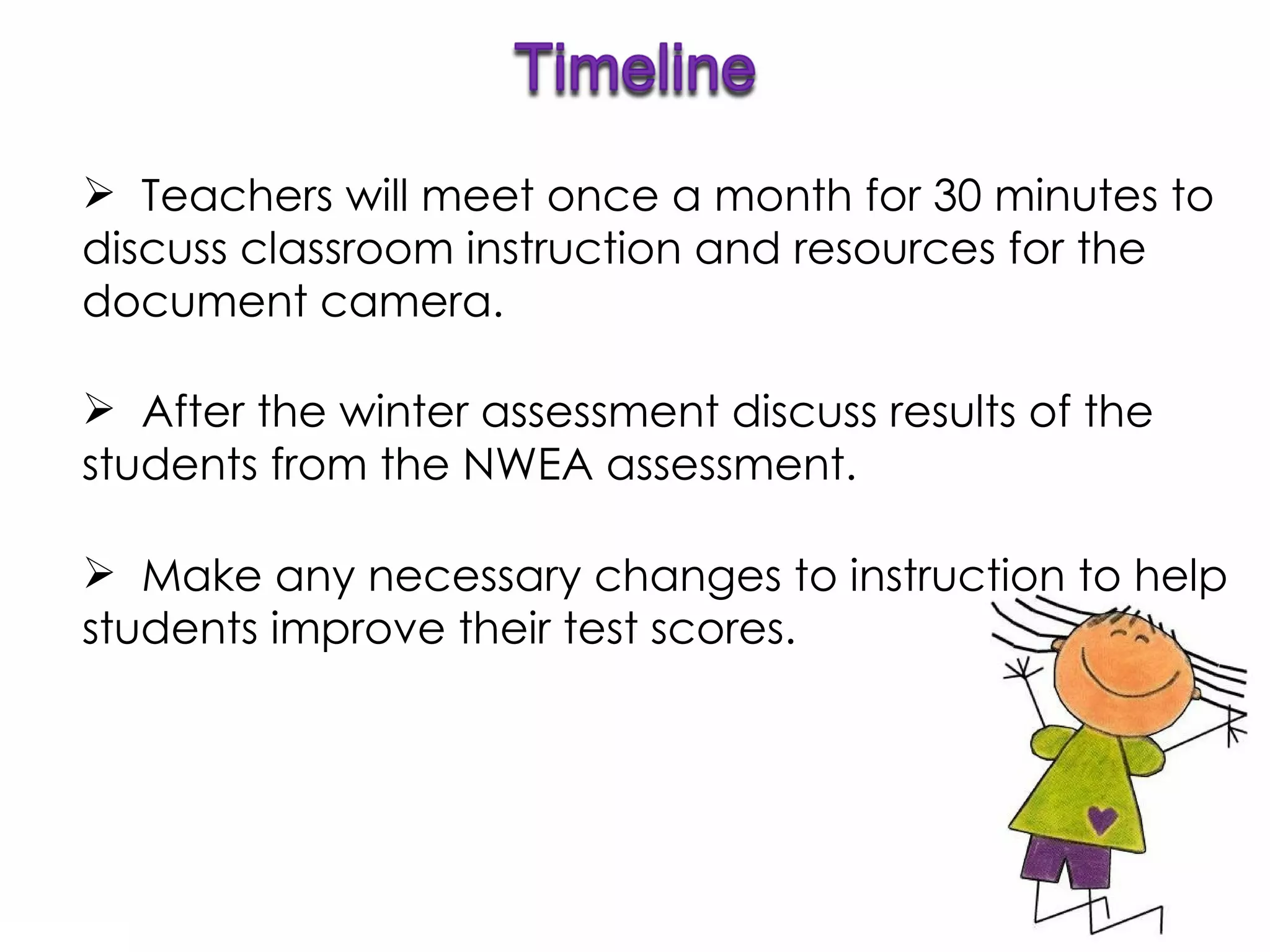 Make any necessary changes to instruction to help students improve their test scores. Teachers will meet once a month for 30 minutes to discuss classroom instruction and resources for the document camera. After the winter assessment discuss results of the students from the NWEA assessment. 