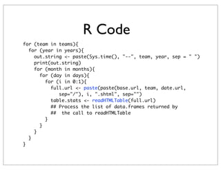 R Code
for (team in teams){
  for (year in years){
    out.string <- paste(Sys.time(), "--", team, year, sep = " ")
    print(out.string)
    for (month in months){
      for (day in days){
        for (i in 0:1){
          full.url <- paste(paste(base.url, team, date.url,
             sep="/"), i, ".shtml", sep="")
          table.stats <- readHTMLTable(full.url)
          ## Process the list of data.frames returned by
          ## the call to readHTMLTable
        }
      }
    }
  }
}
 