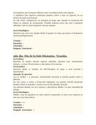 Los jugadores que no jugaron deberán tener un trabajo mucho más exigente.
11 jugadores (que jugaron) realizando posesión contra 6 (que no jugaron) en un
terreno de juego convencional.
De esta forma trabajaremos un principio de juego (por ejemplo la circulación del
balón) en régimen de recuperación. También podemos hacer que esos 6 jugadores
defiendan como lo hará el siguiente rival por ejemplo.
En lo Psicológico:
Ejercicios que sean muy simples donde el jugador no tenga que pensar ni desgastarse
mucho psicológicamente.
Tensión –
Duración –
Velocidad –
Desgaste Emocional -
2do día- Día de la Sub-Dinámica- Tensión.
En lo físico:
Ejercicios de tensión elevada, espacios reducidos, ejercicios muy intermitentes,
intensos y cortos. El más intenso y discontinuo de la semana.
En lo táctico:
Ejercicios donde se trabajen los Sub-Principios de juego a nivel sectorial e
intersectorial.
Ejemplo de ejercicio:
3+3 (3 medios + 3 atacantes, intersectorial) atacando la portería grande contra 4
defensas.
En otro sector 3 contra 3 (formando triángulos) con portería (móvil) intentando
finalizar donde se reproduce muchas veces el sub-principio buscado.
Los ejercicios deberán ser muy intensos y discontinuos debido a la gran intensidad del
trabajo.
En lo Psicológico:
Debido a que los jugadores no están todavía recuperados, se busca una exigencia en
esta área muy baja todavía.
Tensión +++
Duración –
Velocidad +
Desgaste Emocional +
 