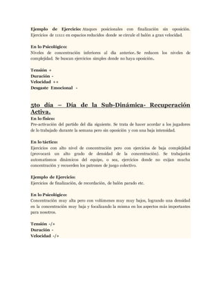 Ejemplo de Ejercicio: Ataques posicionales con finalización sin oposición.
Ejercicios de 11x11 en espacios reducidos donde se circule el balón a gran velocidad.
En lo Psicológico:
Niveles de concentración inferiores al día anterior. Se reducen los niveles de
complejidad. Se buscan ejercicios simples donde no haya oposición.
Tensión +
Duración -
Velocidad ++
Desgaste Emocional -
5to día – Día de la Sub-Dinámica- Recuperación
Activa.
En lo físico:
Pre-activación del partido del día siguiente. Se trata de hacer acordar a los jugadores
de lo trabajado durante la semana pero sin oposición y con una baja intensidad.
En lo táctico:
Ejercicios con alto nivel de concentración pero con ejercicios de baja complejidad
(provocará un alto grado de densidad de la concentración). Se trabajarán
automatismos dinámicos del equipo, o sea, ejercicios donde no exijan mucha
concentración y recuerden los patrones de juego colectivo.
Ejemplo de Ejercicio:
Ejercicios de finalización, de recordación, de balón parado etc.
En lo Psicológico:
Concentración muy alta pero con volúmenes muy muy bajos, logrando una densidad
en la concentración muy baja y focalizando la misma en los aspectos más importantes
para nosotros.
Tensión -/+
Duración -
Velocidad -/+
 