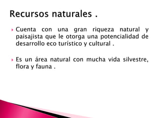  Cuenta con una gran riqueza natural y
paisajista que le otorga una potencialidad de
desarrollo eco turístico y cultural .
 Es un área natural con mucha vida silvestre,
flora y fauna .
 