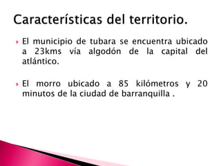  El municipio de tubara se encuentra ubicado
a 23kms vía algodón de la capital del
atlántico.
 El morro ubicado a 85 kilómetros y 20
minutos de la ciudad de barranquilla .
 