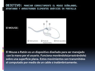 OBJETIVO: MANEJAR CORRECTAMENTE EL MOUSE SEÑALANDO, 
APUNTANDO Y ARRASTRANDO ELEMENTOS GRÁFICOS EN PANTALLA 
El MOUSE: 
El Mouse o Ratón es un dispositivo diseñado para ser manejado 
con la mano por el usuario. Funciona moviéndolo(arrastrándolo) 
sobre una superficie plana. Estos movimientos son transmitidos 
al computado por medio de un cable o inalámbricamente. 
 