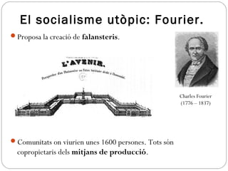 El socialisme utòpic: Fourier.
Proposa la creació de falansteris.
Comunitats on viurien unes 1600 persones. Tots són
copropietaris dels mitjans de producció.
Charles Fourier
(1776 – 1837)
 