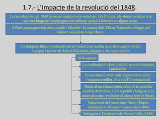 1.7.- L’impacte de la revolució del 1848.
Les revolucions del 1848 tenen un caràcter més social per tota Europa: els obrers recolzen a la
xicoteta burgesia i aconsegueixen millores socials i laborals en alguns casos.
A París aconsegueixen drets socials i laborals i la creació dels Tallers Nacionals, dirigits pel
ministre socialista Louis Blanc.
La burgesia liberal moderada envia l’exèrcit per acabar amb els avanços obrers
i ocupar i tancar els Tallers Nacionals, jutjant-se els responsables.
1848 suposa:
La confrontació clara i definitiva entre burgesia
i proletariat.
El moviment obrer cada vegada creix més i
s’organitza millor, fins a la Iª Internacional.
Debat al moviment obrer sobre si és possible
ampliar drets dins d’una república burgesa o és
necessària una revolució de classe (per la força).
Naixement del marxisme: Marx i Engels
publiquen el Manifest Comunista (1848)
Sufragisme: Declaració de Séneca Falls (1848)
 