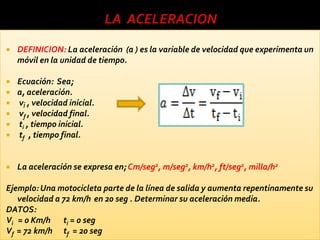    DEFINICION: La aceleración (a ) es la variable de velocidad que experimenta un
    móvil en la unidad de tiempo.

   Ecuación: Sea;
   a, aceleración.
   v , velocidad inicial.
   vf , velocidad final.
   ti , tiempo inicial.
   tf , tiempo final.


   La aceleración se expresa en; Cm/seg2, m/seg2, km/h2, ft/seg2, milla/h2

Ejemplo: Una motocicleta parte de la línea de salida y aumenta repentinamente su
   velocidad a 72 km/h en 20 seg . Determinar su aceleración media.
DATOS:
Vi = 0 Km/h ti = 0 seg
Vf = 72 km/h tf = 20 seg
 