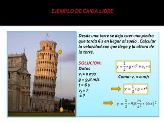 Desde una torre se deja caer una piedra
que tarda 6 s en llegar al suelo . Calcular
la velocidad con que llega y la altura de
la torre.

SOLUCION:
Datos
vi = 0 m/s
                      Como: vi = 0 m/s
g = 9,8 m/s
t=6s
vf = ?
=?
 