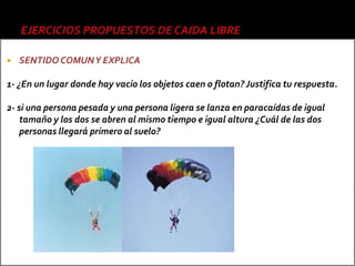    SENTIDO COMUN Y EXPLICA

1- ¿En un lugar donde hay vacio los objetos caen o flotan? Justifica tu respuesta.

2- si una persona pesada y una persona ligera se lanza en paracaídas de igual
    tamaño y los dos se abren al mismo tiempo e igual altura ¿Cuál de las dos
    personas llegará primero al suelo?
 