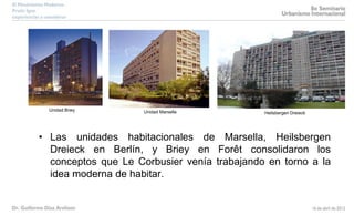 Heilsbergen Dreieck
• Las unidades habitacionales de Marsella, Heilsbergen
Dreieck en Berlín, y Briey en Forêt consolidaron los
conceptos que Le Corbusier venía trabajando en torno a la
idea moderna de habitar.
Unidad MarsellaUnidad Briey
 