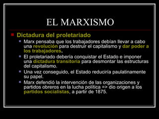 EL MARXISMO Dictadura del proletariado Marx pensaba que los trabajadores debían llevar a cabo una  revolución  para destruir el capitalismo y  dar poder a los trabajadores . El proletariado debería conquistar el Estado e imponer una  dictadura transitoria  para desmontar las estructuras del capitalismo. Una vez conseguido, el Estado reduciría paulatinamente su papel. Marx defendió la intervención de las organizaciones y partidos obreros en la lucha política => dio origen a los  partidos socialistas , a partir de 1875. 