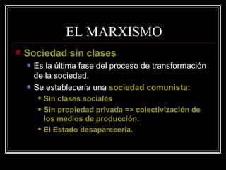 EL MARXISMO Sociedad sin clases Es la última fase del proceso de transformación de la sociedad. Se establecería una  sociedad comunista: Sin clases sociales Sin propiedad privada => colectivización de los medios de producción. El Estado desaparecería. 