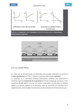 Movimiento. Teoría
6
TEMA 5 FÍSICA
Gráficas de la posición y de la velocidad en función del tiempo para un movimiento
uniformemente acelerado.
3.1 La caída libre

Un cuerpo que se deja caer desde una cierta altura está sometido únicamente a la acción de
la fuerza gravitatoria de la Tierra, y realiza un movimiento denominado caída libre.
La caída libre es un movimiento rectilíneo uniformemente acelerado cuya aceleración es
constante e igual a la aceleración de la gravedad (se expresa mediante g), que tiene un valor
aproximado de 9,81 m/s
2
al nivel del mar. Puedes experimentar la caída libre de diversos
objetos y en distintos planetas en el laboratorio virtual de movimiento de caída libre de la
página Educarex, de la Consejería de Educación y Cultura del Gobierno de Extremadura [ver].
 