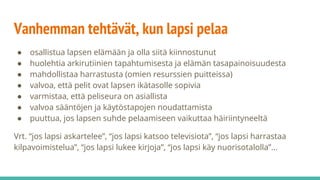 Vanhemman tehtävät, kun lapsi pelaa
● osallistua lapsen elämään ja olla siitä kiinnostunut
● huolehtia arkirutiinien tapahtumisesta ja elämän tasapainoisuudesta
● mahdollistaa harrastusta (omien resurssien puitteissa)
● valvoa, että pelit ovat lapsen ikätasolle sopivia
● varmistaa, että peliseura on asiallista
● valvoa sääntöjen ja käytöstapojen noudattamista
● puuttua, jos lapsen suhde pelaamiseen vaikuttaa häiriintyneeltä
Vrt. “jos lapsi askartelee”, “jos lapsi katsoo televisiota”, “jos lapsi harrastaa
kilpavoimistelua”, “jos lapsi lukee kirjoja”, “jos lapsi käy nuorisotalolla”...
 