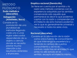 Empírico racional (Demócrito)
                           Se tiene en cuenta por el sentido y la
                             razón este método comienza con la
Duda metódica                experiencia adquirida por los sentidos
   (descartes)               conservando solo aquello que
Indagación                   permanece es decir lo que podemos
   (Aristóteles, Baco)       captar con la razón y comprender por
Consiste en la               el intelecto de esta manera podemos
   postulación de una        ver lo que es generalmente universal y
   pluralidad de             necesario a todos los seres vivos.
   métodos llegando
   cada uno a unas        Racional (descartes)
   reglas adecuadas       Consiste en la afirmación de la razón
   dependiendo de su        como única fuente de conocimiento
   objeto o ciencia         sin que intervenga la experiencia y
   donde se necesita        teniendo la certeza de nuestros
   prestar mucha            conocimiento y así no es
   atención a los           confusa, nada hay en el intelecto que
   resultados obtenidos     antes no allá estado en el
   y el proceso.            sentido, excepto el intelecto mismo.
 