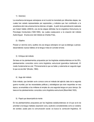 1) Autor(es)
La enseñanza de lenguas extranjeras en el mundo ha transitado por diferentes etapas, las
cuales han estado representadas por exponentes y métodos que han contribuido a la
enseñanza del más universal de los idiomas: el inglés. A partir de la periodización realizada
por Calvet Valdés (2004:9), una de las etapas definidas fue la Lingüística Estructural y la
Psicología Conductista (1940-1950), las cuales coadyuvaron a la creación del método
Audio-lingual. El precursor del método es Charles Fries,
2) Objetivo
Poseer un dominio oral y auditivo de una lengua extranjera sin que se detenga a pensar,
desarrollando nuevos hábitos en la lengua meta sin cometer errores
3) Enfoque del método
Se basa en los planteamientos propuestos por los lingüistas estadounidenses en los 50’s,
planteamientos conocidos como como lingüística estructural (gramática tradicional). El
medio fundamental es oral. “Primeramente lo que se habla y solamente en segundo lugar
lo que se escribe” (Brooks, 1964).
4) Auge del método
Este método, que también se le conoce como el método del ejército data de la segunda
guerra mundial, por las necesidades políticas y estratégicas que eran requeridas en esa
época, se enseñaba a los militares al empleo de una segunda lengua en poco tiempo. Se
basa en los planteamientos conocidos como lingüística estructural (Bloomfield 1933).
5) Papel que desempeña la mente
En los planteamientos propuestos por los lingüistas estadounidenses en él que se le da
prioridad a la lengua hablada (expresión oral y audición) considerándola como un sistema
de sonidos usado para la comunicación social. se busca la corrección lingüística. El
 