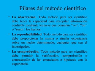 Pilares del método científico
• La observación. Todo método para ser científico
debe tener la capacidad para recopilar información
confiable mediante técnicas que permitan “ver”, “oir”
o “sentir” los hechos.
• La reproducibilidad. Todo método para ser científico
debe proporcionar la misma o similar experiencia
sobre un hecho determinado, cualquier que sea el
investigador.
• La comprobación. Todo método para ser científico
debe permitir la verificación, comprobación o
contrastación de los enunciados e hipótesis con la
experiencia.
 