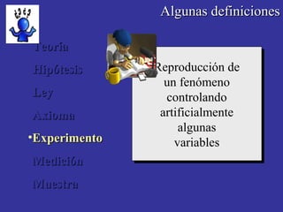 Algunas definicionesAlgunas definiciones
Reproducción de
un fenómeno
controlando
artificialmente
algunas
variables
Reproducción de
un fenómeno
controlando
artificialmente
algunas
variables
•TeoríaTeoría
•HipótesisHipótesis
•LeyLey
•AxiomaAxioma
•ExperimentoExperimento
•MediciónMedición
•MuestraMuestra
 
