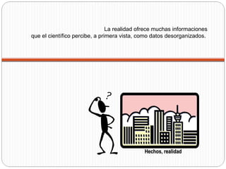 Hechos, realidad La realidad ofrece muchas informaciones que el científico percibe, a primera vista, como datos desorganizados.  