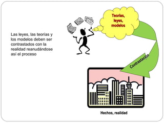 Las leyes, las teorías y los modelos deben ser contrastados con la realidad reanudándose así el proceso Contrastación Teorías, leyes, modelos Hechos, realidad 