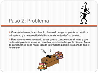 Paso 2: Problema Cuando tratamos de explicar lo observado surge un problema debido a la inquietud y a la necesidad del hombre de “entender” su entorno . Para resolverlo es necesario saber que se conoce sobre el tema y que partes del problema están ya resueltas y contrastadas por la ciencia. Antes de comenzar se debe reunir toda la información posible relacionada con el fenómeno. 