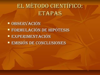 El MÉTODO CIENTÍFICO:
            ETapaS
   ObSErVaCIóN
   FOrMUlaCIóN DE hIpóTESIS
   ExpErIMENTaCIóN
   EMISIóN DE CONClUSIONES
 