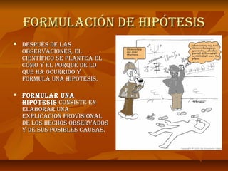 FOrMUlaCIóN DE hIpóTESIS
   DESpUÉS DE laS
    ObSErVaCIONES, El
    CIENTÍFICO SE plaNTEa El
    CóMO y El pOrQUÉ DE lO
    QUE ha OCUrrIDO y
    FOrMUla UNa hIpóTESIS.

   FOrMUlar UNa
    hIpóTESIS CONSISTE EN
    ElabOrar UNa
    ExplICaCIóN prOVISIONal
    DE lOS hEChOS ObSErVaDOS
    y DE SUS pOSIblES CaUSaS.
 
