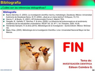 La recolección de los datos
¿Qué implica la etapa de recolección de datos?
Recolectar datos implica elaborar un plan detallado de procedimientos que conduzcan a reunir
datos con un propósito específico.
Ejemplo 19.- Plan de recolección de datos
Objetivo

Seleccionar una muestra de universitarios para medir su autoconcepto con el test AF5.

Plan
Los estudiantes de Ingeniería electrónica de la UAGRM.

En los módulos de la Facultad de ingeniería.

¿Cómo se van a recolectar los
datos?

A través de entrevistas, utilizando un cuestionario que se les
aplicará. Se deben obtener los permisos.

¿Cómo se van a preparar los
datos para analizarlos?

Método

¿Cuáles son las unidades de
análisis?

¿Dónde se encuentran?

Unidades
de análisis

Con una matriz de datos.

Elementos del plan
Variable a medir

El autoconcepto

Definición
operacional

Escalas de un cuestionario que mide el nivel en que una persona se percibe a sí mismo en los
entornos académico, social, emocional, familiar y físico. Este es el test AF5 que mide 5
dimensiones del autoconcepto.

Muestra

306 estudiantes seleccionados aleatoriamente.

Recursos
disponibles

Económicos suficientes. Tiempo un mes.

www.coimbraweb.com

La selección aleatoria garantiza que la muestra sea probabilística.

30

 