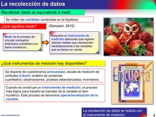 Formulación de objetivos
Correspondencia entre problemas y objetivos
El problema es un
determinado asunto que
requiere solución.

(Siles, Eid, 2009)

El objetivo es el enunciado que expresa la acción que se
llevará a cabo para contribuir a solucionar el problema. Es el
para qué se desarrolla la investigación.

Problemas

Objetivos

Problema principal

Objetivo principal

Problema secundario 1

Objetivo secundario 1

Problema secundario 2

Objetivo secundario 2

…….………

…….………

Problema secundario n

Objetivo secundario n

El objetivo principal es el logro mayor
obtenido por medio de varias operaciones
diferentes unas de otras.
Los objetivos secundarios son logros
parciales que buscan la realización del
objetivo general.

El desarrollo de la investigación es la forma en que se van resolviendo los objetivos secundarios;
son como las 2, 3 o 4 partes básicas en que se divide la Investigación.
Ejemplo 3 .- Problema y objetivo
Diferencia

Hay poca diferencia entre un problema expresado en forma breve y el objetivo que lo resuelve.

Problema

Objetivo

Si el problema es la dificultad
para cruzar el río.

www.coimbraweb.com

El objetivo de investigación es encontrar la forma para cruzar el río.
“Encontrar” es un verbo fuerte que indica acción investigativa.

Según el caso, se utilizan los términos objetivo principal, central o
general y objetivos secundarios o específicos.

9

 