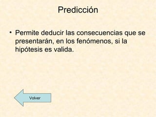Predicción

• Permite deducir las consecuencias que se
  presentarán, en los fenómenos, si la
  hipótesis es valida.




      Volver
 