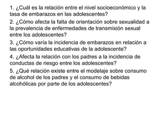 1. ¿Cuál es la relación entre el nivel socioeconómico y la
tasa de embarazos en las adolescentes?
2. ¿Cómo afecta la falta de orientación sobre sexualidad a
la prevalencia de enfermedades de transmisión sexual
entre los adolescentes?
3. ¿Cómo varía la incidencia de embarazos en relación a
las oportunidades educativas de la adolescente?
4. ¿Afecta la relación con los padres a la incidencia de
conductas de riesgo entre los adolescentes?
5. ¿Qué relación existe entre el modelaje sobre consumo
de alcohol de los padres y el consumo de bebidas
alcohólicas por parte de los adolescentes?
 