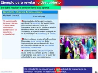 Ejemplo para revelar lo descubierto
26www.coimbraweb.com
Se debe resaltar el conocimiento que aporta.
Es importante mencionar que la confiabilidad del instrumento de
medición respalda los resultados obtenidos.
Ejemplo 25.- Influencia del autoconcepto
Hipótesis probada
Conclusiones
“El autoconcepto
tiene una relación
positiva con el
rendimiento
académico de los
estudiantes
universitarios”.
Los resultados de la experimentación
corroboran la relevancia del autoconcepto
autoconcepto como un constructo
interesante en educación que tiene relación
relación positiva con el rendimiento
académico. Y específicamente dos tipos de
de autoconcepto: el académico y el familiar.
Estos resultados ayudan a los Docentes a
Docentes a tomar conciencia de la
importancia de apoyar el desarrollo de un
un buen autoconcepto en los estudiantes
estudiantes universitarios.
 En último término, el autoconcepto se
revela como una variable que no se debe
despreciar de cara a potenciar el ajuste del
del estudiante y su buen desempeño.
 