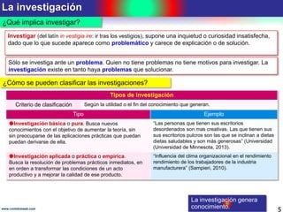 La investigación
5www.coimbraweb.com
¿Qué implica investigar?
La investigación genera
conocimiento.
Investigar (del latín in vestigia ire: ir tras los vestigios), supone una inquietud o curiosidad insatisfecha,
dado que lo que sucede aparece como problemático y carece de explicación o de solución.
Sólo se investiga ante un problema. Quien no tiene problemas no tiene motivos para investigar. La
investigación existe en tanto haya problemas que solucionar.
¿Cómo se pueden clasificar las investigaciones?
Tipos de investigación
Criterio de clasificación Según la utilidad o el fin del conocimiento que generan.
Tipo Ejemplo
Investigación básica o pura. Busca nuevos
conocimientos con el objetivo de aumentar la teoría, sin
sin preocuparse de las aplicaciones prácticas que puedan
puedan derivarse de ella.
“Las personas que tienen sus escritorios
desordenados son mas creativas. Las que tienen sus
sus escritorios pulcros son las que se inclinan a dietas
dietas saludables y son más generosas” (Universidad
(Universidad de Minnesota, 2013).
Investigación aplicada o práctica o empírica.
Busca la resolución de problemas prácticos inmediatos, en
en orden a transformar las condiciones de un acto
productivo y a mejorar la calidad de ese producto.
“Influencia del clima organizacional en el rendimiento
rendimiento de los trabajadores de la industria
manufacturera” (Sampieri, 2010).
 