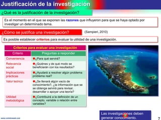 Justificación de la investigación
7www.coimbraweb.com
¿Qué es la justificación de la investigación?
Las investigaciones deben
generar conocimiento.
Es el momento en el que se exponen las razones que influyeron para que se haya optado por
investigar un determinado tema.
¿Cómo se justifica una investigación?
Es posible establecer criterios para evaluar la utilidad de una investigación.
Criterios para evaluar una investigación
Criterio Preguntas a responder
Conveniencia ¿Para qué servirá?
Relevancia
social
¿Quiénes y de qué modo se
beneficiarán con los resultados?
Implicaciones
prácticas
¿Ayudará a resolver algún problema
problema real?
Valor teórico ¿Se llenará algún vacío de
conocimiento?, ¿la información que se
se obtenga servirá para revisar,
desarrollar o apoyar una teoría?
Utilidad
metodológica
¿Contribuirá a la definición de un
concepto, variable o relación entre
variables?
(Sampieri, 2010)
 