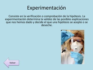 Experimentación
Consiste en la verificación o comprobación de la hipótesis. La
experimentación determina la validez de las posibles explicaciones
que nos hemos dado y decide el que una hipótesis se acepte o se
deseche.
Volver
 