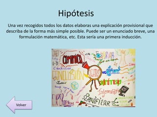 Hipótesis
Una vez recogidos todos los datos elaboras una explicación provisional que
describa de la forma más simple posible. Puede ser un enunciado breve, una
formulación matemática, etc. Esta sería una primera inducción.
Volver
 
