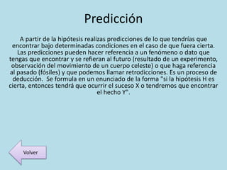 Predicción
A partir de la hipótesis realizas predicciones de lo que tendrías que
encontrar bajo determinadas condiciones en el caso de que fuera cierta.
Las predicciones pueden hacer referencia a un fenómeno o dato que
tengas que encontrar y se refieran al futuro (resultado de un experimento,
observación del movimiento de un cuerpo celeste) o que haga referencia
al pasado (fósiles) y que podemos llamar retrodicciones. Es un proceso de
deducción. Se formula en un enunciado de la forma "si la hipótesis H es
cierta, entonces tendrá que ocurrir el suceso X o tendremos que encontrar
el hecho Y".
Volver
 