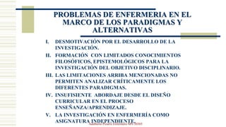 PROBLEMAS DE ENFERMERIA EN EL
MARCO DE LOS PARADIGMAS Y
ALTERNATIVAS
I. DESMOTIVACIÓN POR EL DESARROLLO DE LA
INVESTIGACIÓN.
II. FORMACIÓN CON LIMITADOS CONOCIMIENTOS
FILOSÓFICOS, EPISTEMOLÓGICOS PARA LA
INVESTIGACIÓN DEL OBJETIVO DISCIPLINARIO.
III. LAS LIMITACIONES ARRIBA MENCIONADAS NO
PERMITEN ANALIZAR CRÍTICAMENTE LOS
DIFERENTES PARADIGMAS.
IV. INSUFISIENTE ABORDAJE DESDE EL DISEÑO
CURRICULAR EN EL PROCESO
ENSEÑANZA/APRENDIZAJE.
V. LA INVESTIGACIÓN EN ENFERMERÍA COMO
ASIGNATURA INDEPENDIENTE.Adalberto Pizarro Enfermero MN 50305
 